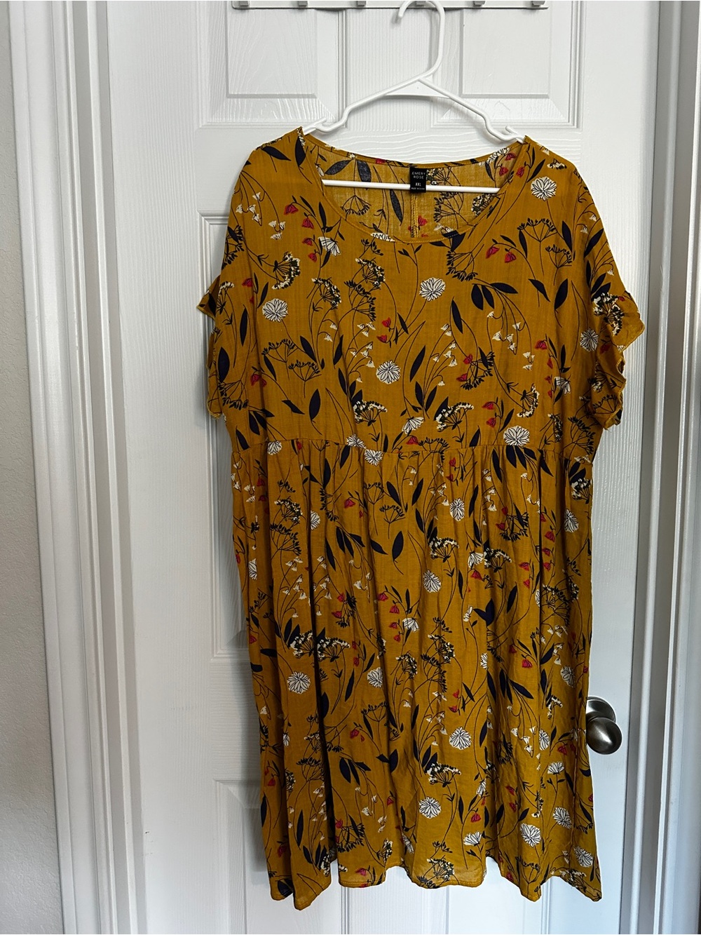 Flowy Mustard Floral Dress with Short Sleeves - Emery Rose
